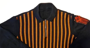 Close up of the shoulders of a striped jumper.