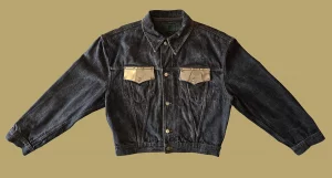 Close up of denim jacket with metal pocket flaps