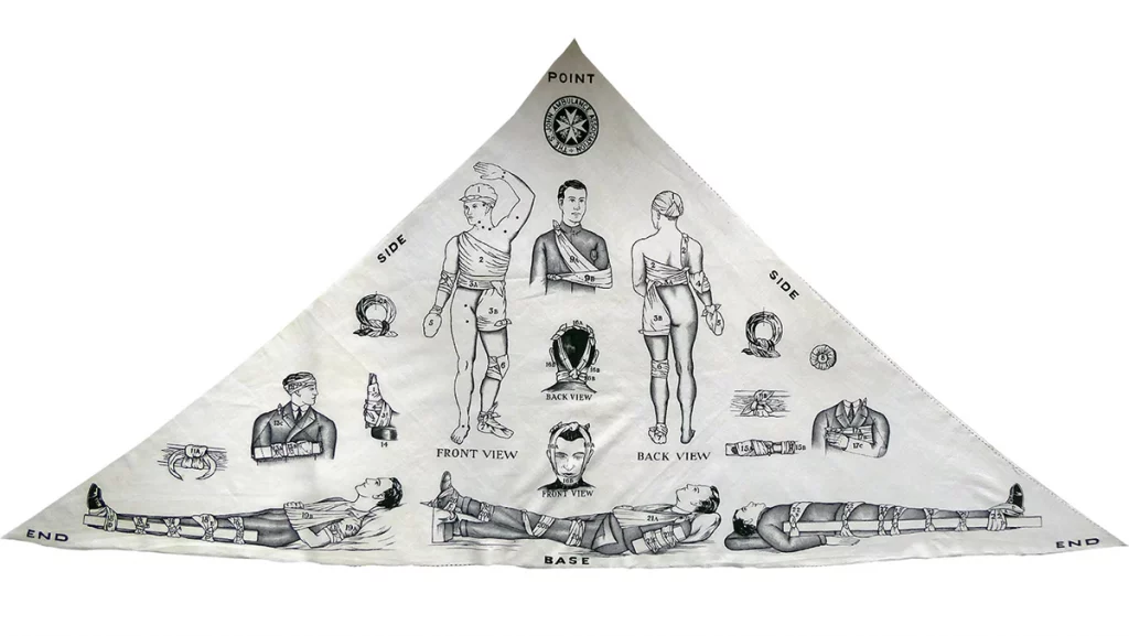 Folded-out St John Ambulance triangular bandage printed with instructional medical illustrations around the edges. The diagrams show patients with various injuries and demonstrate arm slings, bandaging techniques, splinting, head and chest dressings, and methods for immobilising fractured limbs.