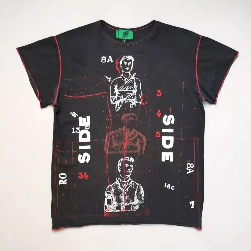 T-shirt with illustrations of people wearing bandages and arms in slings