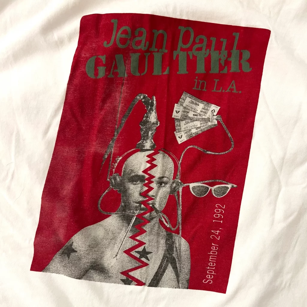 image of futuristic person in red block on white t-shirt