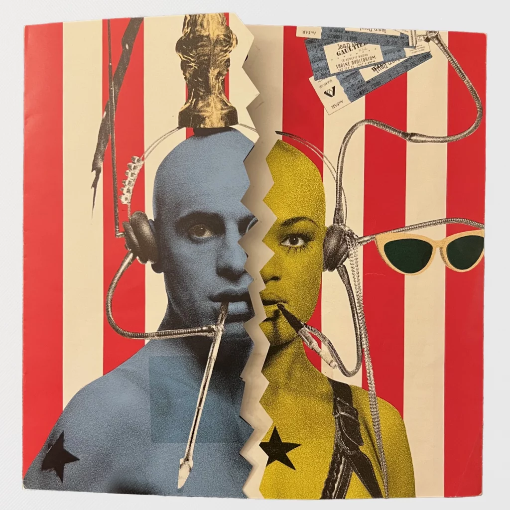 Leaflet with two futuristic people separated by a jagged tear on a striped background