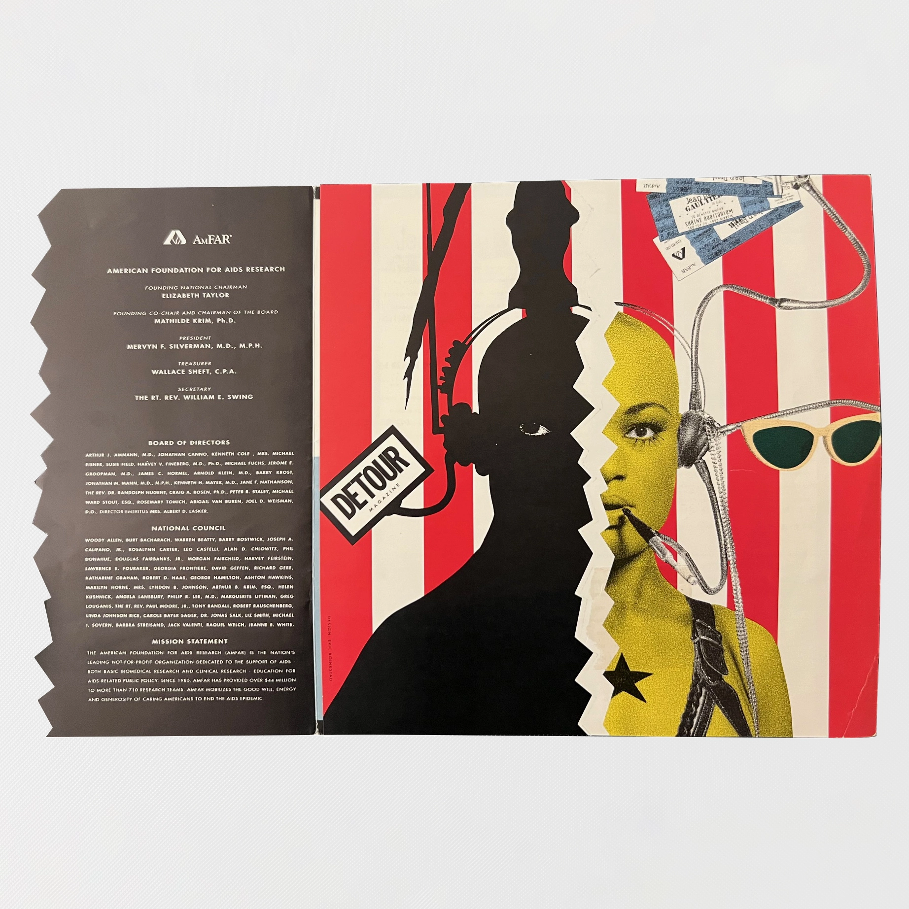 Leaflet with futuristic person and jagged tear on a striped background